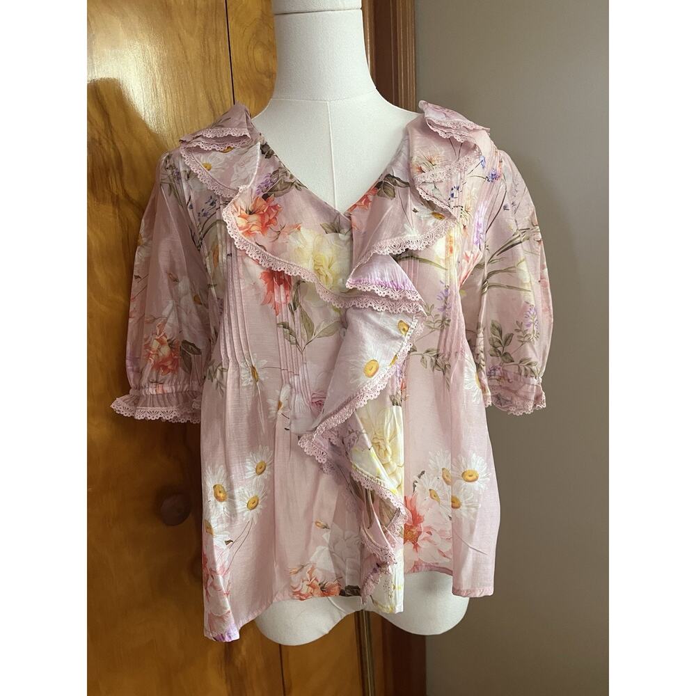 Zimmerman Inspired Floral Lace Flowy Boho Blouse Pink Coquette Fairycore Boho M